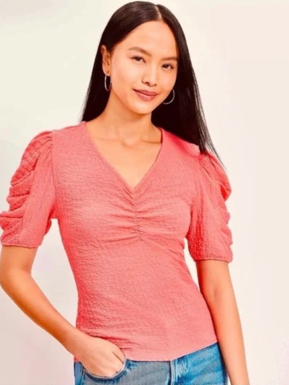LOFT Crinkle Pleated Sleeve Top in Sakura • Coral Pink Textured Blouse Size M